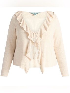 Terra & Sky Cream Ruffle Tie Front Cardigan Sweater